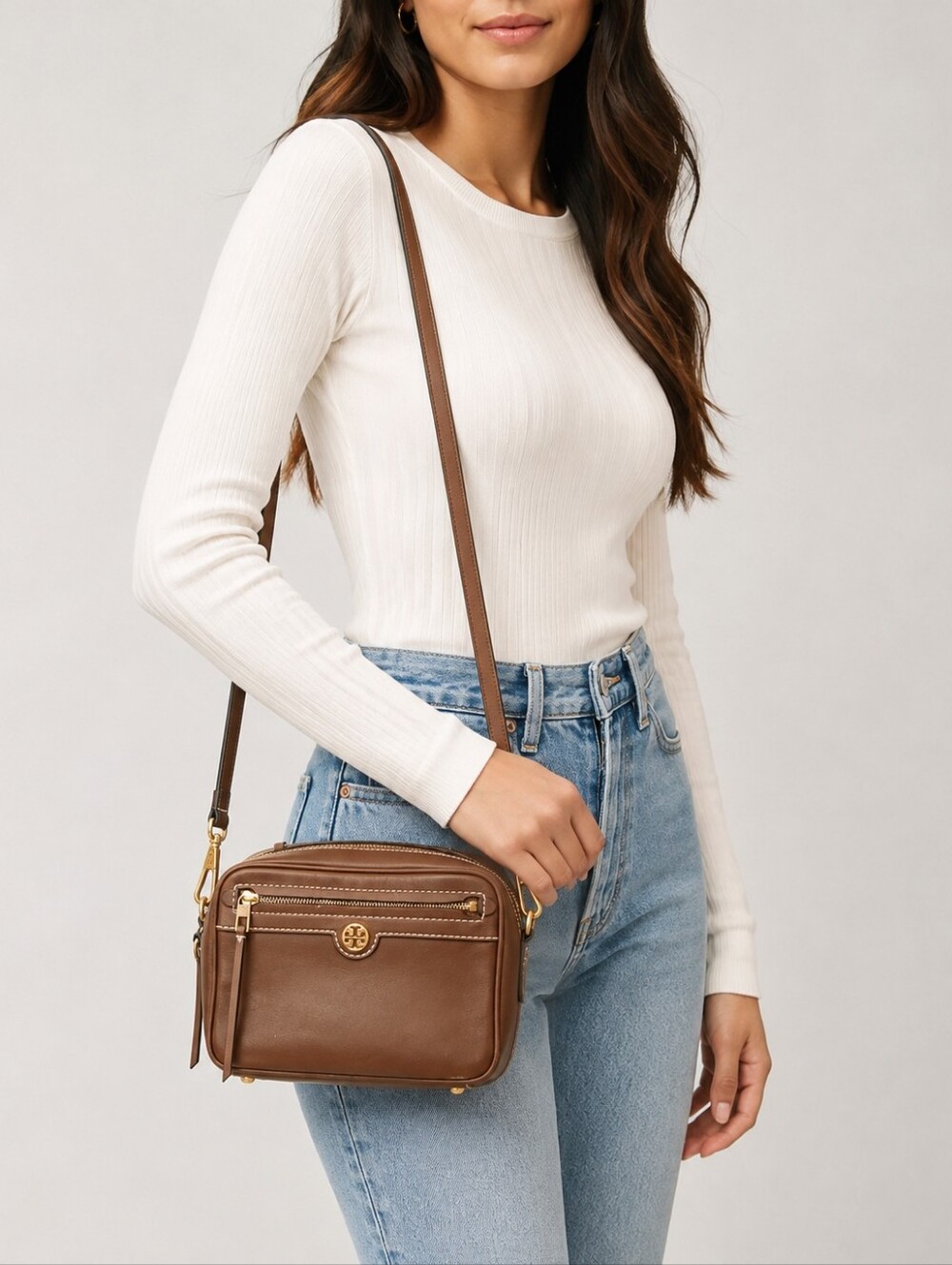 Tory Burch Brown Leather Crossbody Camera Bag Gold Hardware No Strap Read